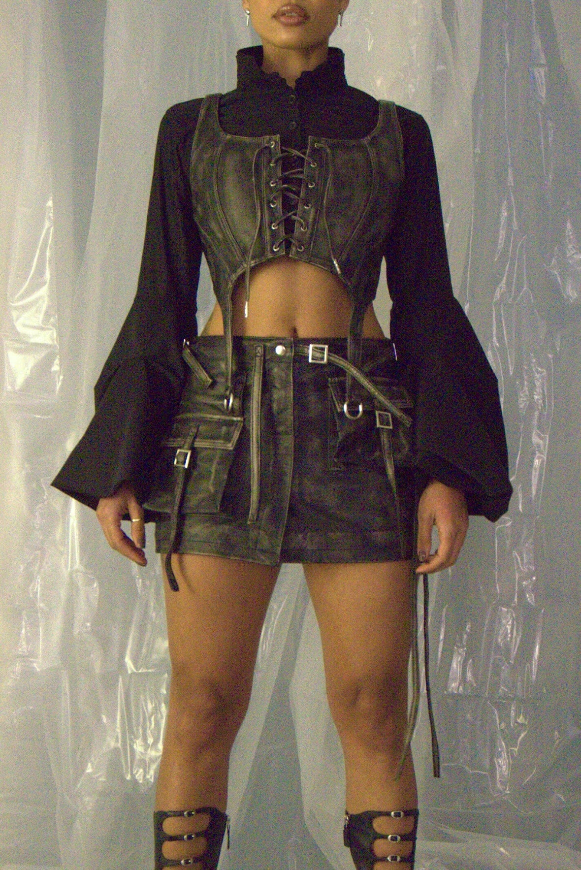 Leather cargo skirt